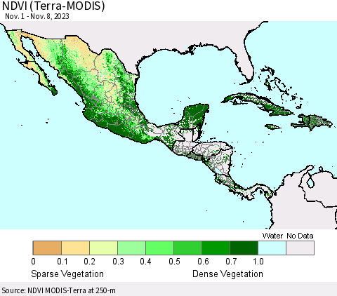 Mexico Central America and the Caribbean NDVI (Terra-MODIS) Thematic Map For 11/1/2023 - 11/8/2023