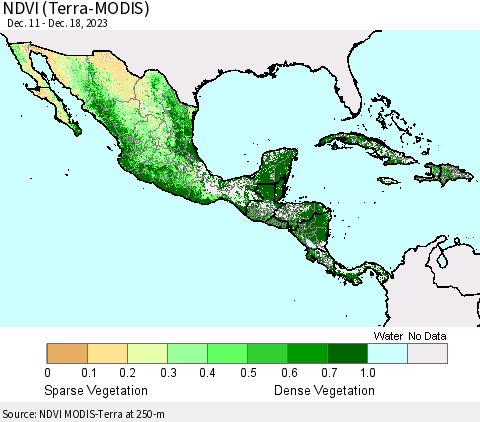 Mexico Central America and the Caribbean NDVI (Terra-MODIS) Thematic Map For 12/11/2023 - 12/18/2023