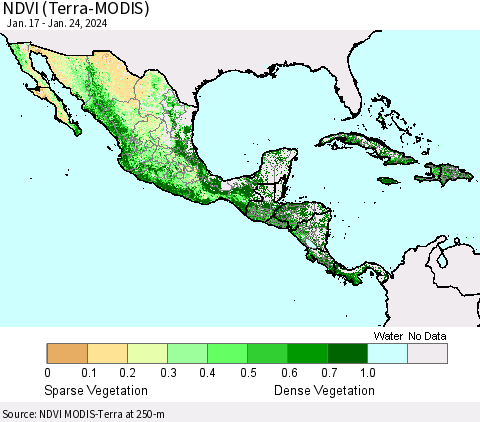 Mexico Central America and the Caribbean NDVI (Terra-MODIS) Thematic Map For 1/17/2024 - 1/24/2024