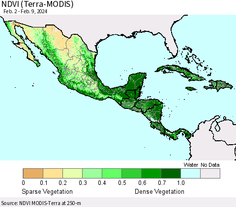 Mexico Central America and the Caribbean NDVI (Terra-MODIS) Thematic Map For 2/2/2024 - 2/9/2024