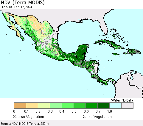 Mexico Central America and the Caribbean NDVI (Terra-MODIS) Thematic Map For 2/10/2024 - 2/17/2024
