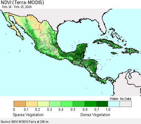 Mexico Central America and the Caribbean NDVI (Terra-MODIS) Thematic Map For 2/18/2024 - 2/25/2024