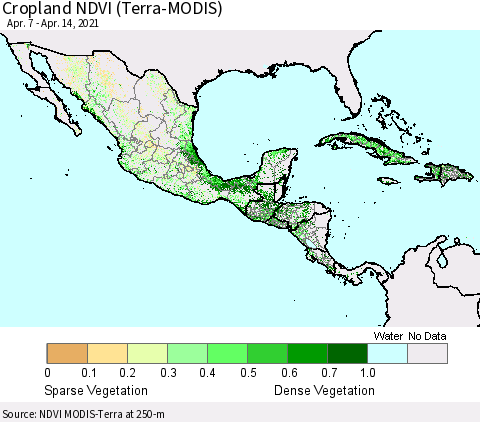 Mexico Central America and the Caribbean Cropland NDVI (Terra-MODIS) Thematic Map For 4/7/2021 - 4/14/2021