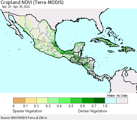 Mexico Central America and the Caribbean Cropland NDVI (Terra-MODIS) Thematic Map For 4/23/2021 - 4/30/2021