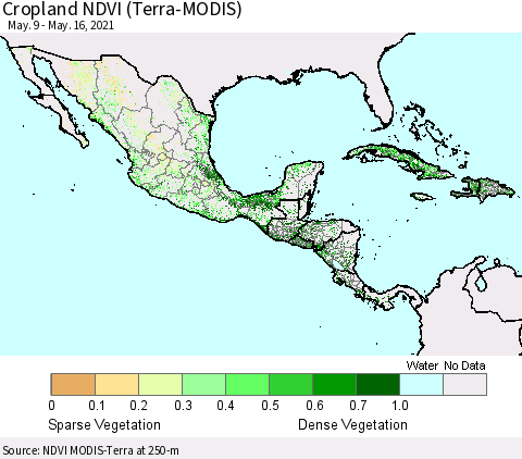 Mexico Central America and the Caribbean Cropland NDVI (Terra-MODIS) Thematic Map For 5/9/2021 - 5/16/2021
