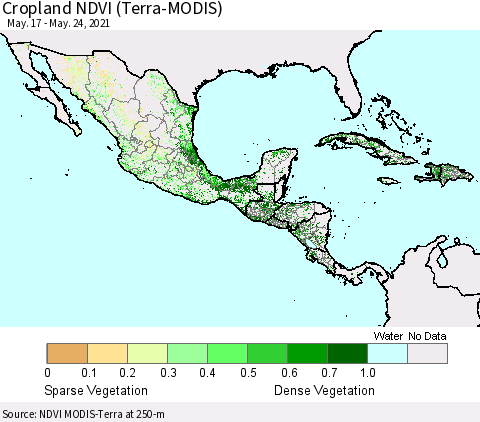 Mexico Central America and the Caribbean Cropland NDVI (Terra-MODIS) Thematic Map For 5/17/2021 - 5/24/2021