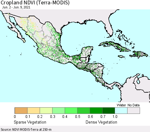 Mexico Central America and the Caribbean Cropland NDVI (Terra-MODIS) Thematic Map For 6/2/2021 - 6/9/2021