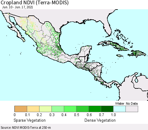 Mexico Central America and the Caribbean Cropland NDVI (Terra-MODIS) Thematic Map For 6/10/2021 - 6/17/2021
