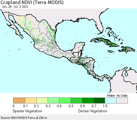Mexico Central America and the Caribbean Cropland NDVI (Terra-MODIS) Thematic Map For 6/26/2021 - 7/3/2021