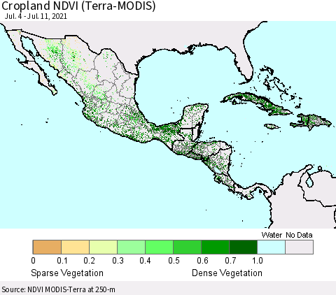 Mexico Central America and the Caribbean Cropland NDVI (Terra-MODIS) Thematic Map For 7/4/2021 - 7/11/2021