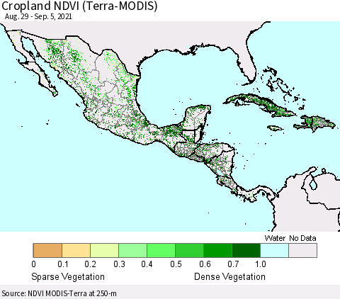 Mexico Central America and the Caribbean Cropland NDVI (Terra-MODIS) Thematic Map For 8/29/2021 - 9/5/2021