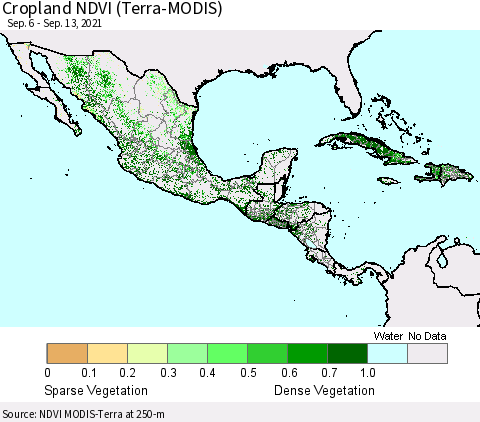 Mexico Central America and the Caribbean Cropland NDVI (Terra-MODIS) Thematic Map For 9/6/2021 - 9/13/2021