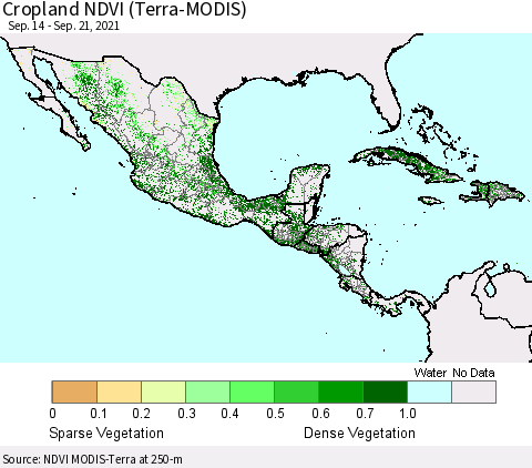 Mexico Central America and the Caribbean Cropland NDVI (Terra-MODIS) Thematic Map For 9/14/2021 - 9/21/2021