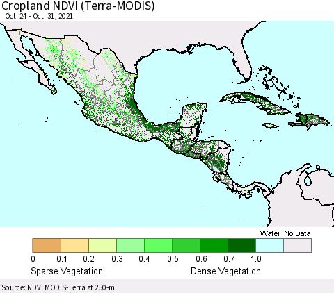 Mexico Central America and the Caribbean Cropland NDVI (Terra-MODIS) Thematic Map For 10/24/2021 - 10/31/2021