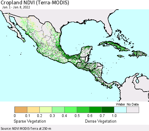 Mexico Central America and the Caribbean Cropland NDVI (Terra-MODIS) Thematic Map For 1/1/2022 - 1/8/2022