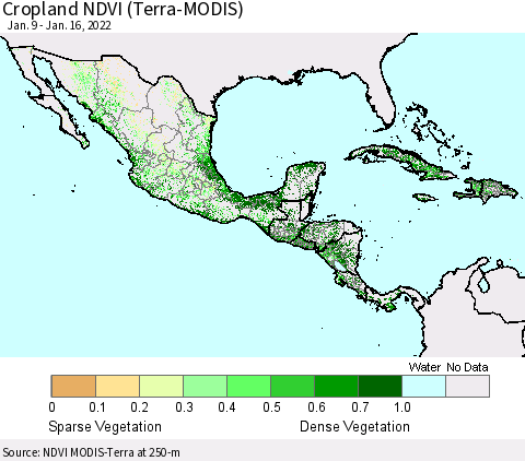 Mexico Central America and the Caribbean Cropland NDVI (Terra-MODIS) Thematic Map For 1/9/2022 - 1/16/2022