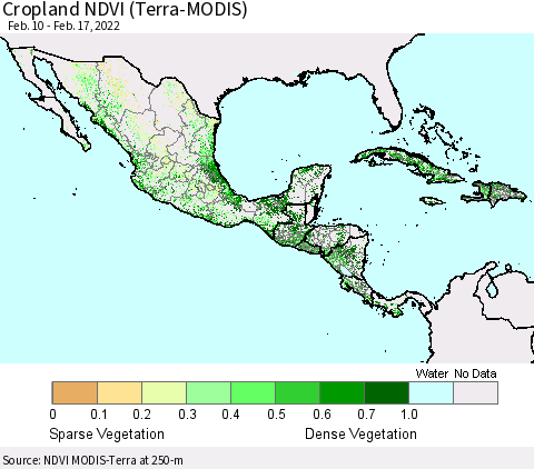 Mexico Central America and the Caribbean Cropland NDVI (Terra-MODIS) Thematic Map For 2/10/2022 - 2/17/2022