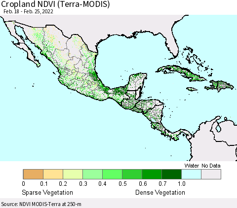 Mexico Central America and the Caribbean Cropland NDVI (Terra-MODIS) Thematic Map For 2/18/2022 - 2/25/2022