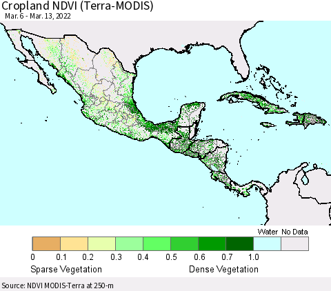 Mexico Central America and the Caribbean Cropland NDVI (Terra-MODIS) Thematic Map For 3/6/2022 - 3/13/2022