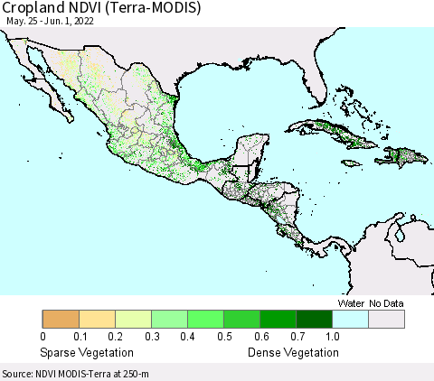 Mexico Central America and the Caribbean Cropland NDVI (Terra-MODIS) Thematic Map For 5/25/2022 - 6/1/2022