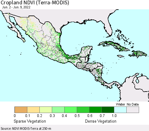 Mexico Central America and the Caribbean Cropland NDVI (Terra-MODIS) Thematic Map For 6/2/2022 - 6/9/2022