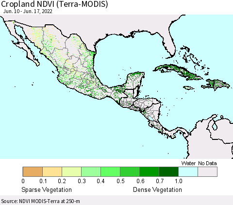 Mexico Central America and the Caribbean Cropland NDVI (Terra-MODIS) Thematic Map For 6/10/2022 - 6/17/2022