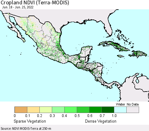 Mexico Central America and the Caribbean Cropland NDVI (Terra-MODIS) Thematic Map For 6/18/2022 - 6/25/2022
