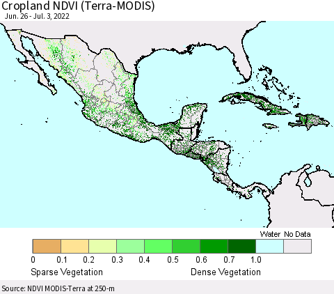 Mexico Central America and the Caribbean Cropland NDVI (Terra-MODIS) Thematic Map For 6/26/2022 - 7/3/2022