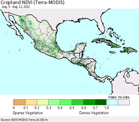 Mexico Central America and the Caribbean Cropland NDVI (Terra-MODIS) Thematic Map For 8/5/2022 - 8/12/2022