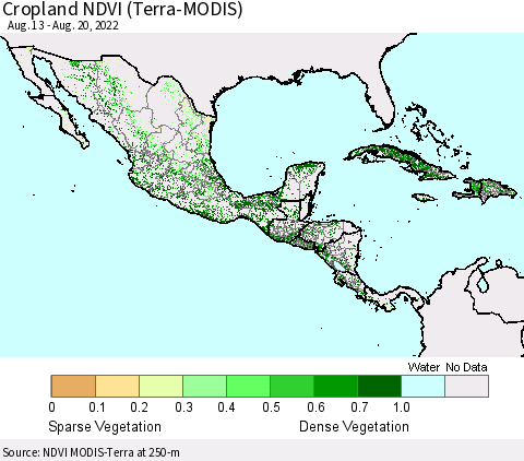 Mexico Central America and the Caribbean Cropland NDVI (Terra-MODIS) Thematic Map For 8/13/2022 - 8/20/2022
