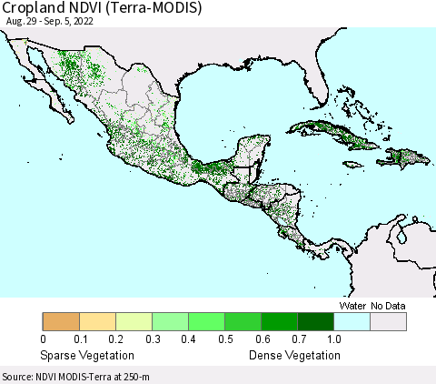 Mexico Central America and the Caribbean Cropland NDVI (Terra-MODIS) Thematic Map For 8/29/2022 - 9/5/2022