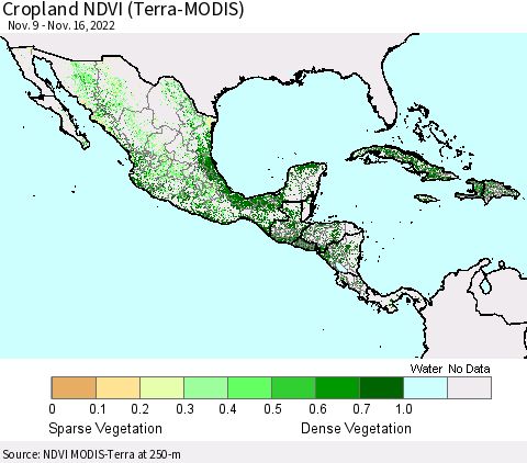 Mexico Central America and the Caribbean Cropland NDVI (Terra-MODIS) Thematic Map For 11/9/2022 - 11/16/2022