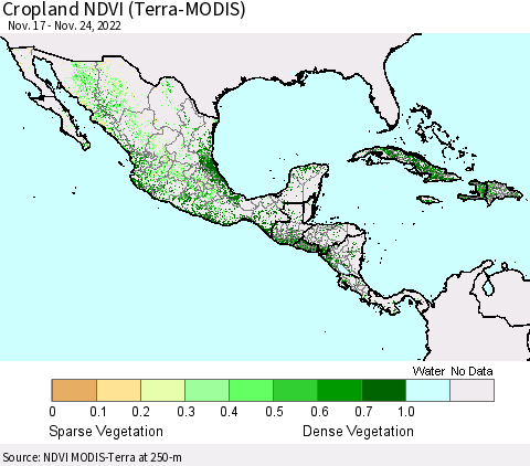 Mexico Central America and the Caribbean Cropland NDVI (Terra-MODIS) Thematic Map For 11/17/2022 - 11/24/2022