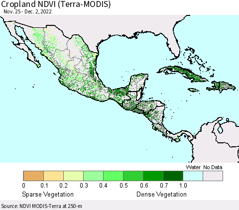 Mexico Central America and the Caribbean Cropland NDVI (Terra-MODIS) Thematic Map For 11/25/2022 - 12/2/2022