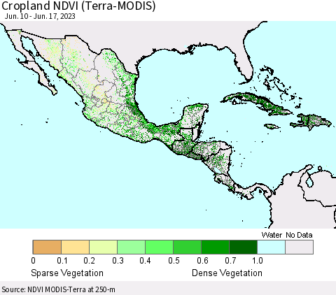 Mexico Central America and the Caribbean Cropland NDVI (Terra-MODIS) Thematic Map For 6/10/2023 - 6/17/2023