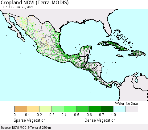Mexico Central America and the Caribbean Cropland NDVI (Terra-MODIS) Thematic Map For 6/18/2023 - 6/25/2023
