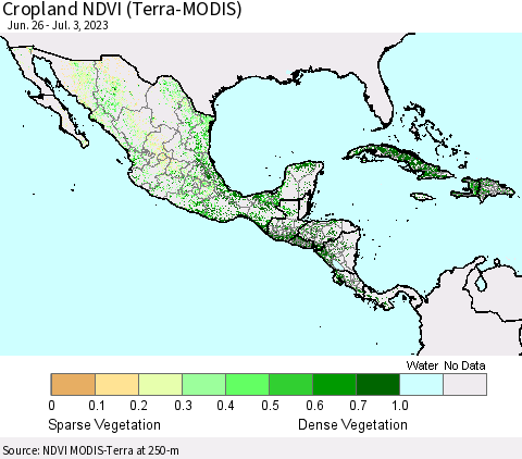 Mexico Central America and the Caribbean Cropland NDVI (Terra-MODIS) Thematic Map For 6/26/2023 - 7/3/2023