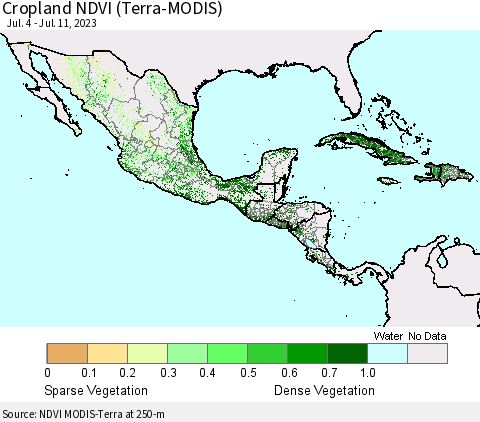 Mexico Central America and the Caribbean Cropland NDVI (Terra-MODIS) Thematic Map For 7/4/2023 - 7/11/2023