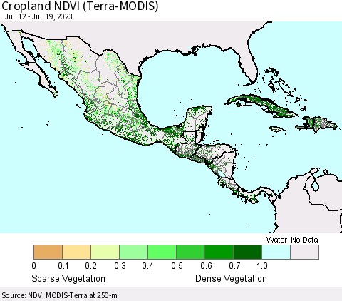 Mexico Central America and the Caribbean Cropland NDVI (Terra-MODIS) Thematic Map For 7/12/2023 - 7/19/2023