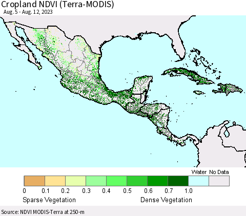Mexico Central America and the Caribbean Cropland NDVI (Terra-MODIS) Thematic Map For 8/5/2023 - 8/12/2023