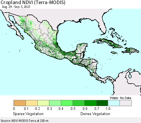 Mexico Central America and the Caribbean Cropland NDVI (Terra-MODIS) Thematic Map For 8/29/2023 - 9/5/2023