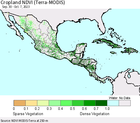 Mexico Central America and the Caribbean Cropland NDVI (Terra-MODIS) Thematic Map For 9/30/2023 - 10/7/2023