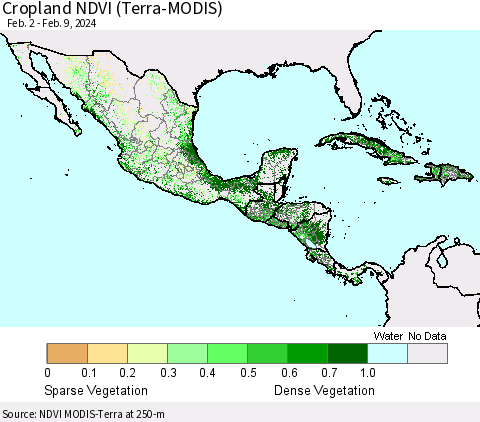 Mexico Central America and the Caribbean Cropland NDVI (Terra-MODIS) Thematic Map For 2/2/2024 - 2/9/2024