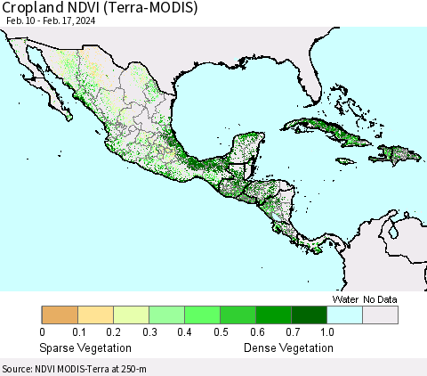 Mexico Central America and the Caribbean Cropland NDVI (Terra-MODIS) Thematic Map For 2/10/2024 - 2/17/2024