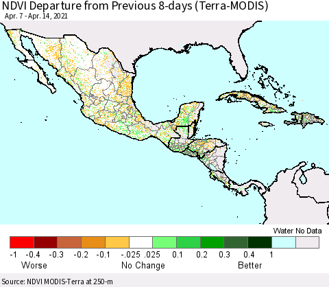 Mexico Central America and the Caribbean NDVI Departure from Previous 8-days (Terra-MODIS) Thematic Map For 4/7/2021 - 4/14/2021