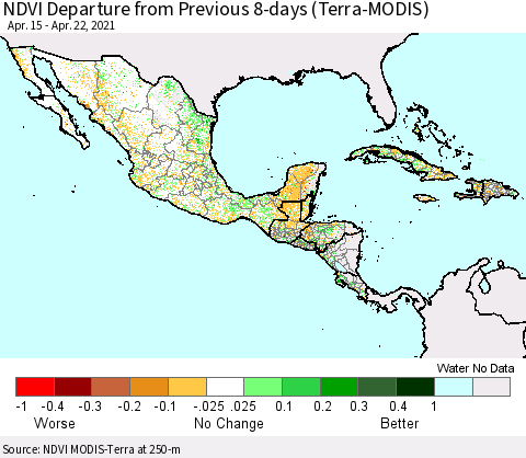 Mexico Central America and the Caribbean NDVI Departure from Previous 8-days (Terra-MODIS) Thematic Map For 4/15/2021 - 4/22/2021