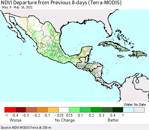 Mexico Central America and the Caribbean NDVI Departure from Previous 8-days (Terra-MODIS) Thematic Map For 5/9/2021 - 5/16/2021