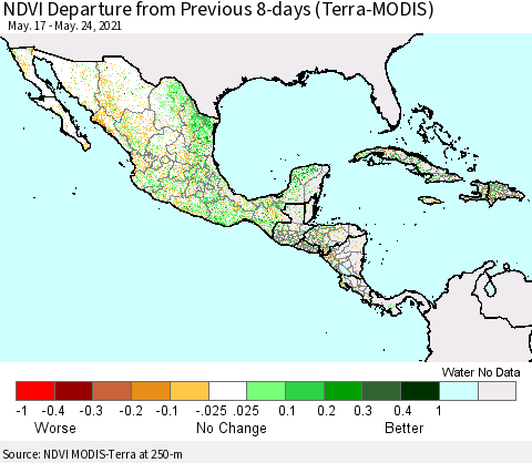 Mexico Central America and the Caribbean NDVI Departure from Previous 8-days (Terra-MODIS) Thematic Map For 5/17/2021 - 5/24/2021