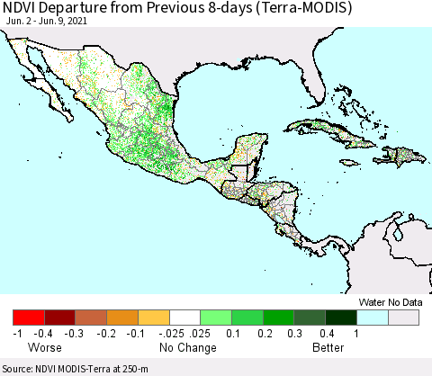 Mexico Central America and the Caribbean NDVI Departure from Previous 8-days (Terra-MODIS) Thematic Map For 6/2/2021 - 6/9/2021