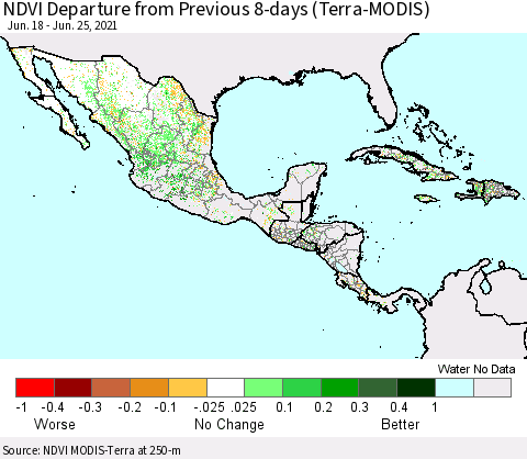 Mexico Central America and the Caribbean NDVI Departure from Previous 8-days (Terra-MODIS) Thematic Map For 6/18/2021 - 6/25/2021
